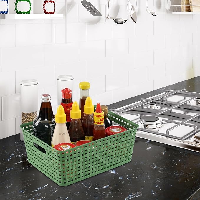 Medium Plastic Baskets for Organizing, Plastic Woven Storage Basket, 4 Packs