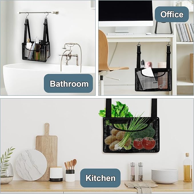 Black PVC Mesh Hanging Shower Caddy with 2 Magnetic Hooks, Adjustable Portable Bathroom Organizer with Pockets for Cruise, Dorm, Gym, Camping, RV, 12"x6"x7"(LxWxH)