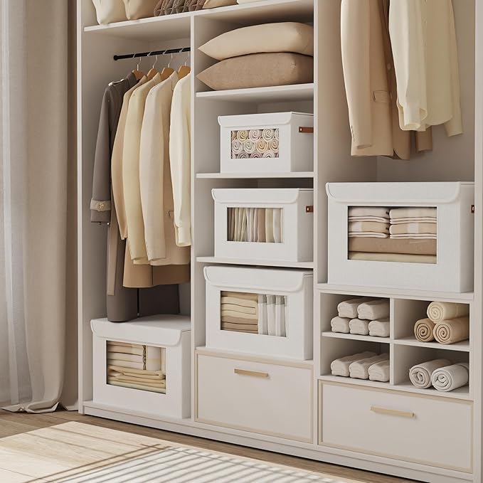 Fabric Storage Boxes with Lids, 13 x 9.1 x 7.9 Inch Closet Organizers for Shelves, Foldable Storage Bins with Handles, White, 5-Pack