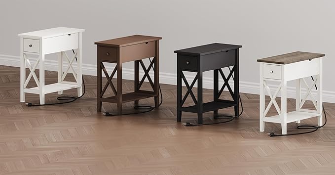 ChooChoo End Table with Charging Station, Narrow Side Table with USB Ports and Outlets, Nightstand with Drawer, for Small Spaces, Bedside Tables for Living Room, Espresso