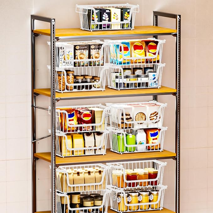 4 Pack Enhanced Leak-Proof Bottom Stackable Wire Baskets, Pantry Organizers and Storage, Pantry Storage,Shelf Baskets, Fruit Basket, Potato and Onion Storage Bins,(White)