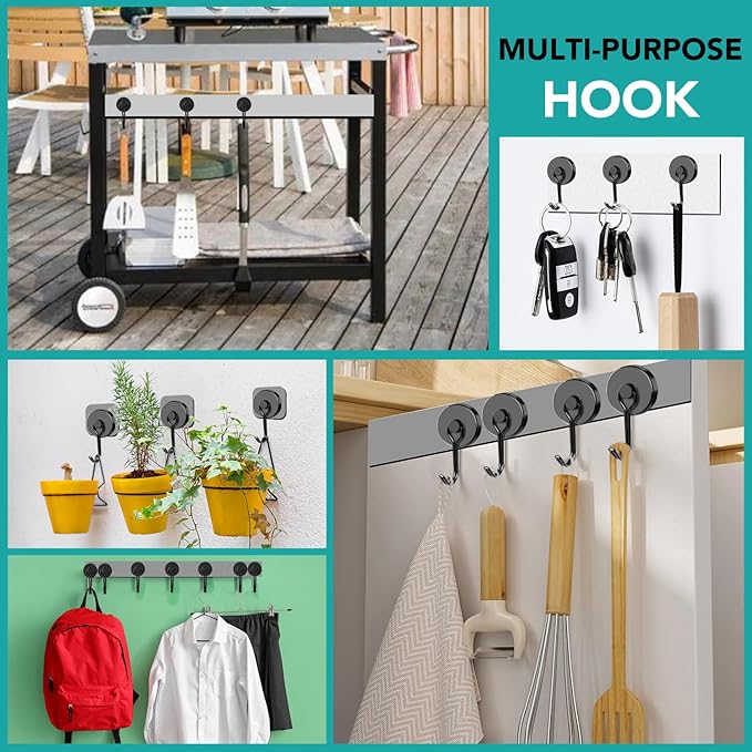 DIYMAG Black Magnetic Hooks, 120LBS Strong Magnetics Heavy Duty, Cruise Ship Essentials Magnets with Metal Hook for Hanging Refrigerator Home Kitchen Office, 8Pack