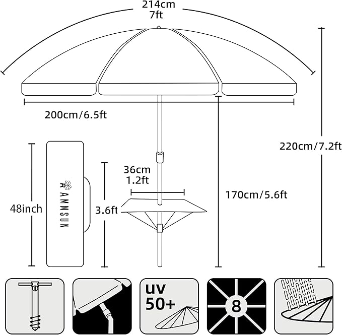 AMMSUN 7ft Heavy Duty High Wind Beach Umbrella with sand anchor, Built-in Table Tray Vent Tilt Pole, UPF 50+ Windproof Portable Outdoor Umbrellas Carry Bag for Patio Garden Pool Backyard Navy