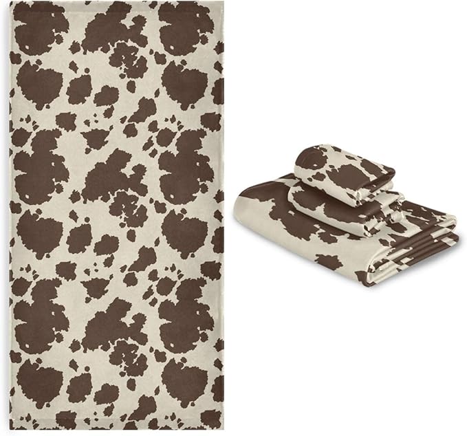 3 Piece Western Cow Print Bath Towels Set,Microfiber Absorbent Rustic Brown Farm Animal Cowhide Towels for Bathroom,1 Bath Towel,1 Hand Towel,1 Washcloth,Cow Gifts Decorative Bathroom Towels