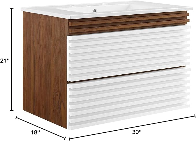 Modway Render 30" Wall-Mount Bathroom Vanity in White Walnut White