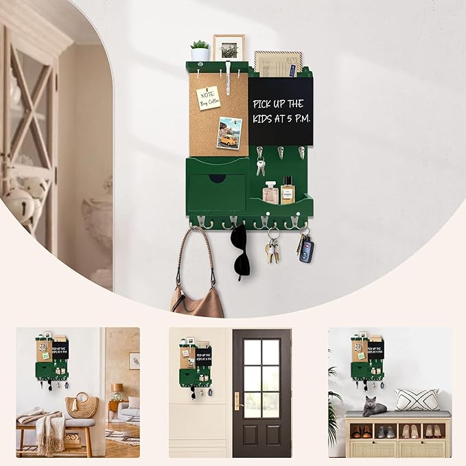 Key Holder Wall Mount, Mail Organizer Key Holder for Wall with Shelf, Drawer, Chalkboard, Corkboard, Home Decor Wall Mounted for Room Entryway (Green)