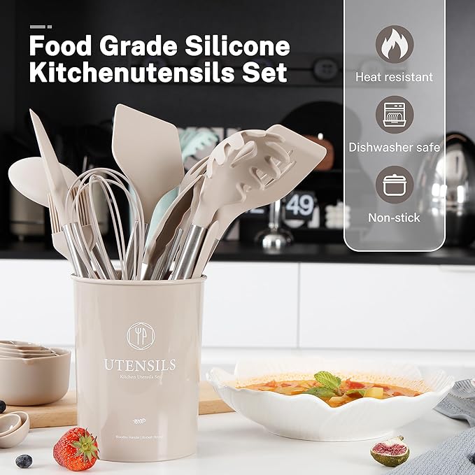 QMVESS Silicone Cooking Utensils Set, 28 Pcs Non-Stick Kitchen Utensils Set with Holder, 446°F Heat Resistant Spatula, Tongs, Spoons Set with Stainless Steel Handle Kitchen Gadgets (Khaki)