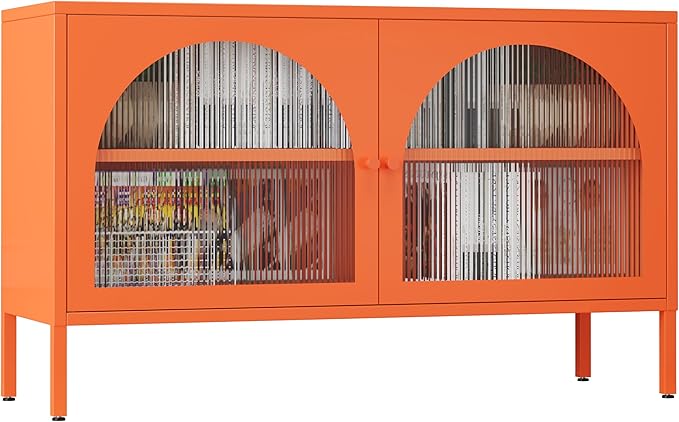 Metal Locker TV Stand, Modern Accent CD Storage Cabinet with 2 Acrylic Doors, Short Display Cabinet with Adjustable Shelf, TV Cabinets for Home,Office,Entryway,Dining/Living Room,Bedroom,Orange