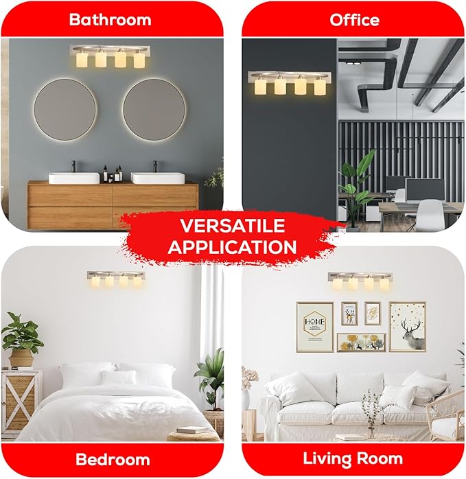 The Door Bull Modern 4-Light Bathroom Vanity Light – Brushed Nickel Fixture with Frosted Glass Shades, E26 Socket – Wall Sconce for Mirror, Bathroom, Kitchen, Hallway, Entryway