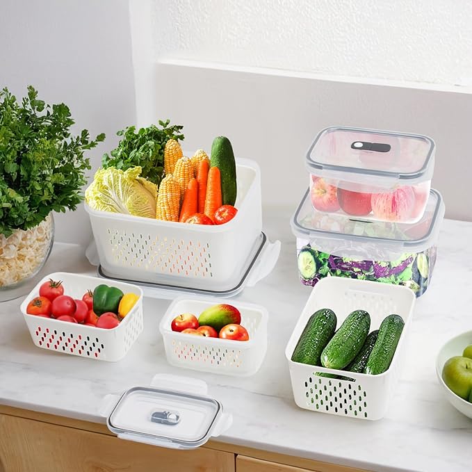 4 Pack Fruit Storage Containers for Fridge with Removable Colanders, Produce Storage Containers for Fridge, Airtight Food Storage Containers for Berry Fruit Vegetable Meat Keeper Fresh (with handle)