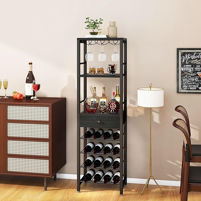 IBUYKE Wine Rack Freestanding Floor, Bar Cabinet for Liquor and Glasses,Coffee Bar Cabinet 4-Tier Wood bar Cabinet,Glass Holder and Storage Drawer for Home Bar Kitchen Living Room,Black UTMJ905B