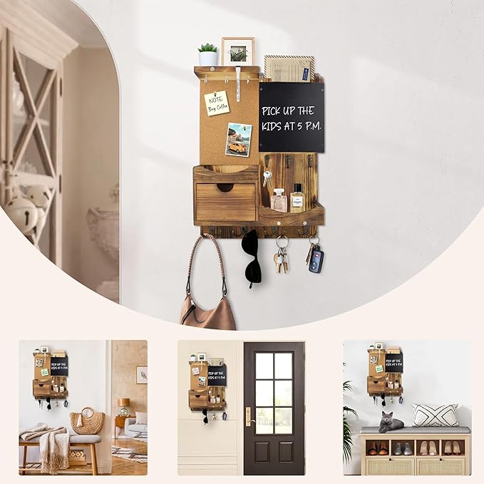 Key Holder Wall Mount, Mail Organizer Key Holder for Wall with Shelf, Drawer, Chalkboard, Corkboard, Home Decor Wall Mounted for Room Entryway(Natural Wood)