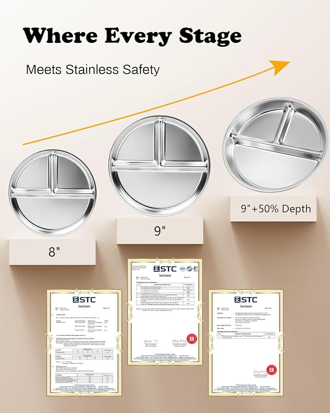 Stainless Steel Kids Plates 4 Packs, Deepened 9" Portion Control Plate Divided Plate for Toddlers Adults Family Bariatric Weight Loss & Diabetic Diet, Non Toxic Unbreakable Dinner Dishes