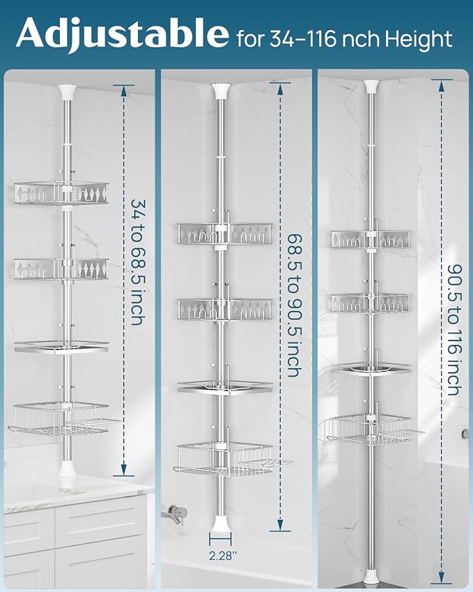 SEIRIONE Corner Shower Caddy Tension Pole, 34 to 116 Inch Height, 4 Adjustable Shelves, Chrome