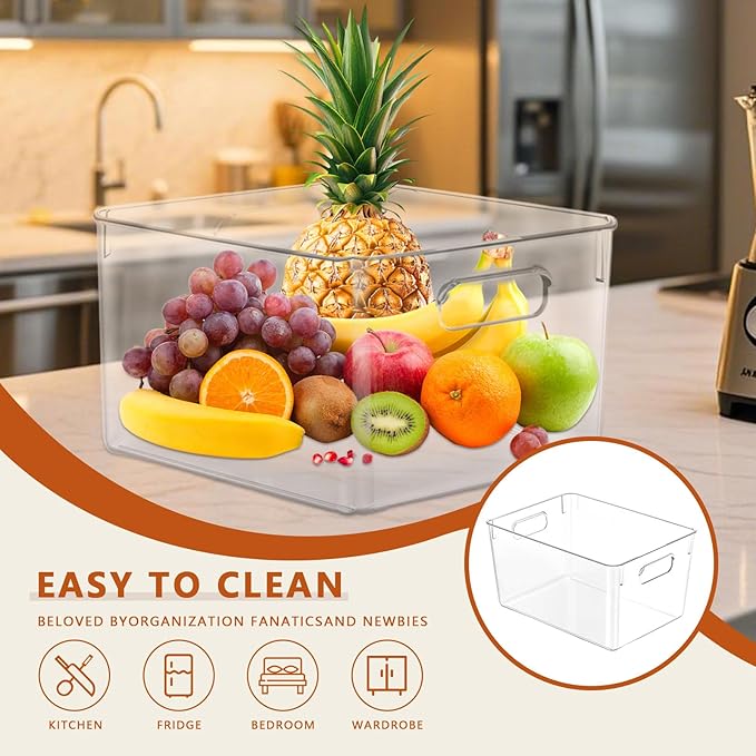 MOONEDGE Open Clear Plastic Storage Bins Stackable Organizer Containers with Handles for Kitchen, Pantry, Fridge, Cabinet, Closet Storage & Home Organization 8 Pack(11 x 8 x 6 in)