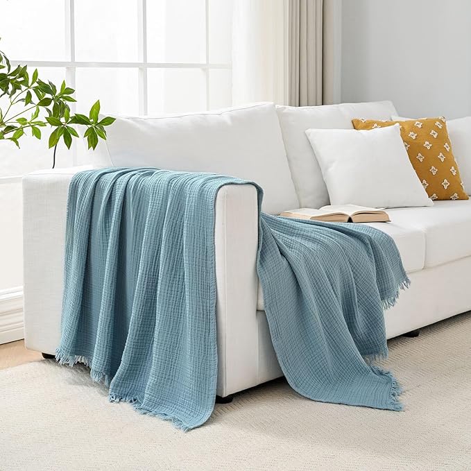 Muslin Blanket 100% Cotton Blanket Throw 50”x65”, Lightweight Breathable Summer Blanket Throw. Supersoft 4-Layer Gauze Throw Blanket for Sofa, Couch, Bed, All-Season Use, Sky Blue