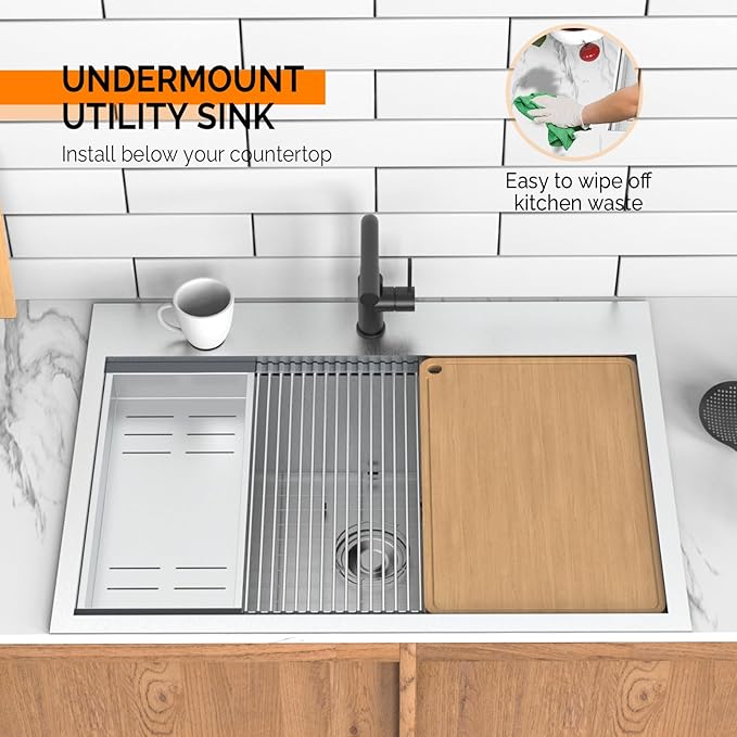 ROVSUN 30 Inch Stainless Steel Drop In, Kitchen Utility Sink, Workstation Deep Single Bowl, Integrated Ledge Multifunctional Workstation Sink Set,Silver