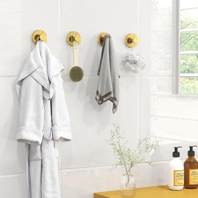 Suction Cup Hooks for Shower, Heavy Duty Towel Hooks for Walls No Damage, Modern Shower Suction Hooks for Kitchen Bathroom Wall, Glass, Mirror, Tile, Hanging Towels Robes, Gold (2 Pack)