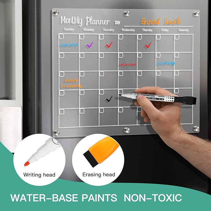 Acrylic Magnetic Dry Erase Board for Fridge,Set of 3 Transparent Planning Boards for Monthly Calendar, Weekly Includes 6 Dry Erase Markers, 1 Eraser and Magnetic Pen Holder