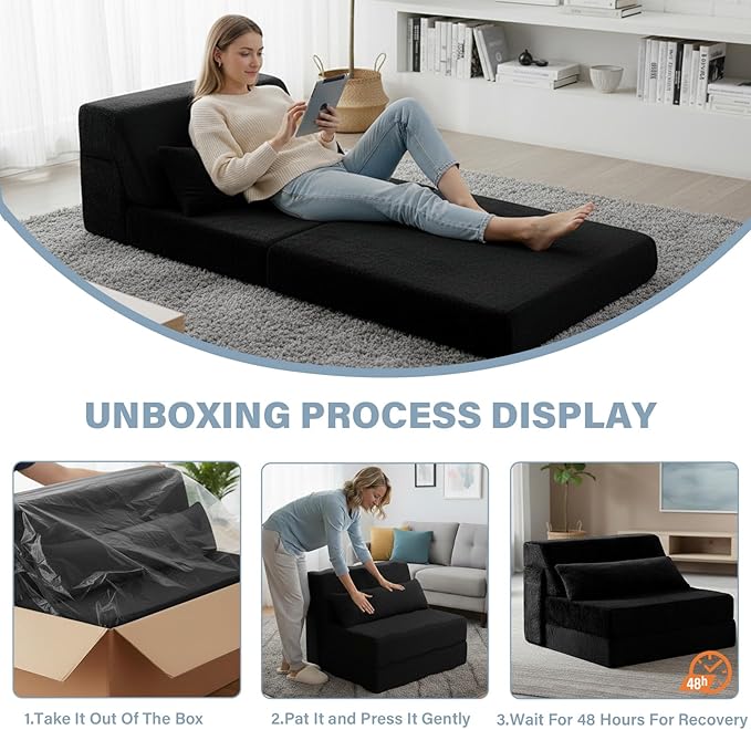 Tiita Convertible Folding Sofa Bed Single Size for Adults with Pillow, Plush Fabric Floor Mattress Couch Bed, Washable Cover & Side Pocket, Guest Room, Dorm, Apartment, Living Room, Black