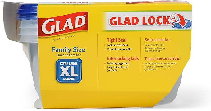 Glad GladWare XL Square Food Storage Containers, Family Size Meal Container with Lock Tight Seal for Leftovers and Meal Prep, Reusable and Dishwasher Safe, 104 Oz, 3 Count - 3 Pack