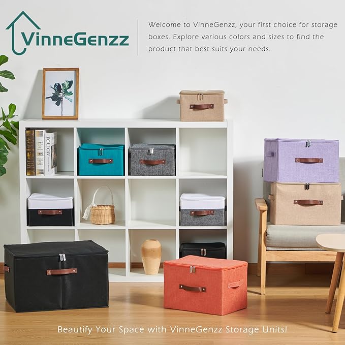 Storage Boxes with Zipper Lid Cotton Linen Fabric Lidded Storage Bins Baskets Foldable Washable Closet Shelf Clothes Organizer Container Faux Leather Handles (Gray White, Large)