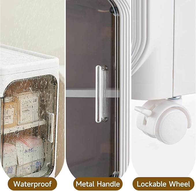 4-Tier Narrow Storage Cabinet with Magnetic Doors and Shelves, Plastic Slim Bathroom Organizers and Storage with Wheels for Small Spaces Bathroom, Kitchen, White