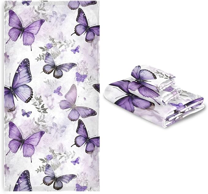 Purple Butterfly Bath Towels Set,Ultra Soft 3 Piece Vintage Watercolor Floral Butterflies Towels for Bathroom,1 Bath Towel 1 Hand Towel 1 Washcloth,Absorbent Decoractive Guest Bathroom Towels