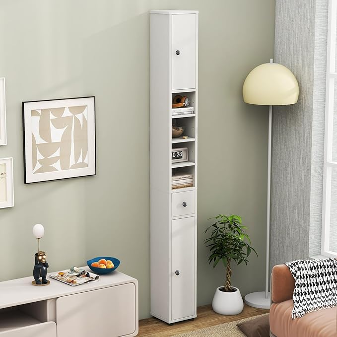 71" Tall Narrow Bathroom Storage Cabinet, Modern Skinny Toilet Paper Storage Organizer w/1 Drawer, 2 Doors & 5 Adjustable Shelves, Slim Tower Floor Cabinets for Small Spaces