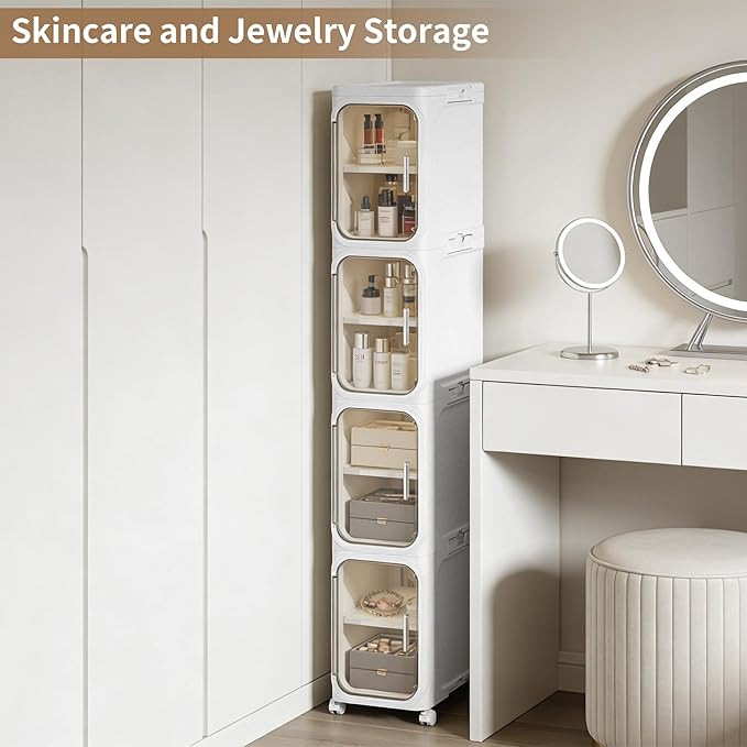Narrow Storage Cabinet Slim Bathroom Storage Cabinet with Movable Wheels Tall Bathroom Organizer Skinny Cabinet for Small Spaces,2-Tier White