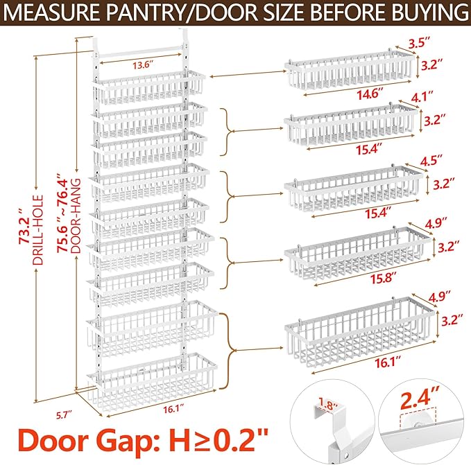 9 Tier Over The Door Pantry Organizer, 2 in 1 Wall Mount or Hanging Spice Rack with Adjustable Basket, Seasoning Organizer and Storage for Kitchen Cabinet Closet Bathroom