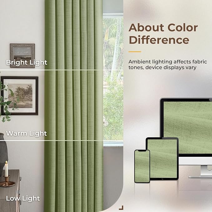 INOVADAY 100% Blackout Curtains for Bedroom, Black Out Curtains 102 Inch Long, Clip Rings Linen Blackout Drapes, Thermal Insulated Room Darkening for Living Room, 2 Panels - Sagegreen,W50xL102
