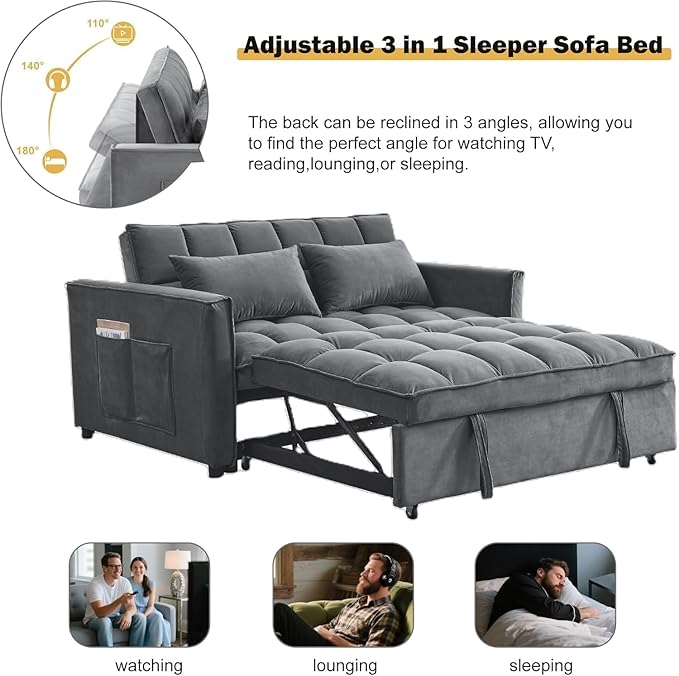 3 in 1 Convertible Sofa Bed, Love Seat Sleeper Bed with Side Pockets, Velvet Fabric Pull Out Couch with Adjustable Backrest for Living Room, Bedroom, Apartment, Dark Gray