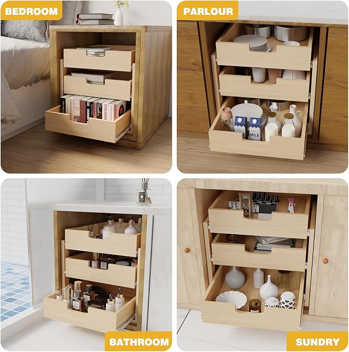 Pull Out Cabinet Organizer, 23''W×21''D×19''H Soft Close Slide Out Wooden Pull out Drawers, Three Tier Slide out Wood Cabinet Organizer, for Base Cabinet Organization in Kitchen, Pantry, Bathroom
