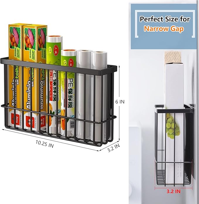 Magnetic Basket Kitchen Refrigerator Organizer Foil and Plastic Wrap Organizer for Fridge Heavy Duty Metal Storage (10.25" L x 3.2" W x 6" H, Black)