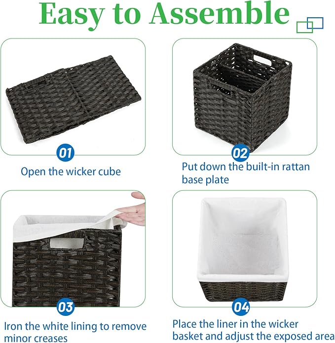 Bidtakay Wicker Cube Baskets with Liners 11 inch 2 Pack Waterproof Imitation Hand-Woven Wicker Storage Baskets for Shelves and Organizing Pantry and Bedroom Blackish-tan