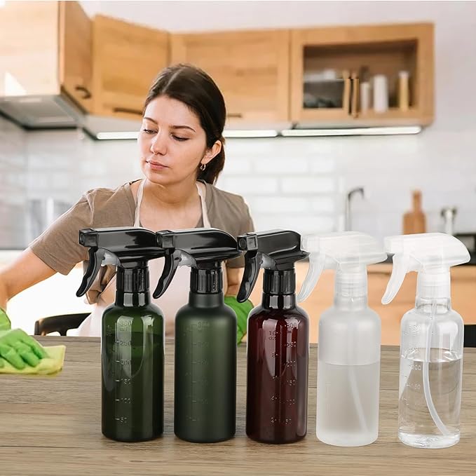 Leakproof Spray Bottles (2 Pack 10 oz), Adjustable Fine Mist & Jet Stream Nozzle, Premium BPA-Free Frosted Plastic Multi-Purpose for Hair, Plants, Cleaning (2 PACK CLEAR)