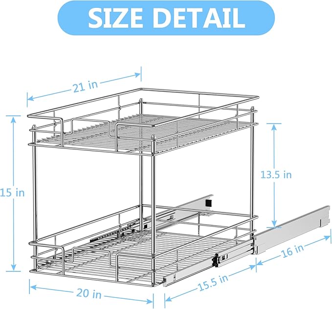 LOVMOR 2-Tier Cabinet Organizer, 20" W x 21" D Pull Out Drawer for Base Cabinet, Chrome Home Organizer, Silver