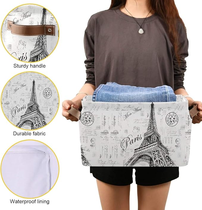 Storage Basket Paris Eiffel TowerStorage Bin Cube with Handles Foldable Storage Baskets for Shelves Living Room Home Decor 1PC
