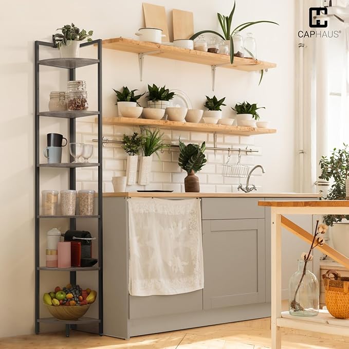 CAPHAUS 6-Tier Corner Shelf, 71.1-Inch Tall Corner Bookshelf with Metal Frame, Round Corner Shelf Unit for Bathroom, Living Room, Home, Office, Dark Grey