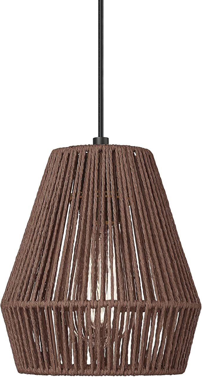 ELYONA Woven Pendant Lights 7β Rustic Rattan Hanging Lamp Adjustable Handwoven Basket Shade Boho Pendant Light Fixtures for Kitchen Island Dining Room Bedroom Farmhouse Bar Foyer Hallway Dark Brown