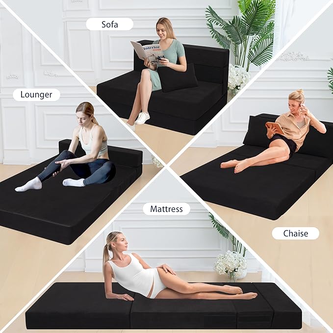 Sofa Bed Foldable Mattress ,Folding Sleeper Sofa Chair Bed Floor Mattress with Pillow for Living Room Home Office (Black-Corduroy, Twin XL)