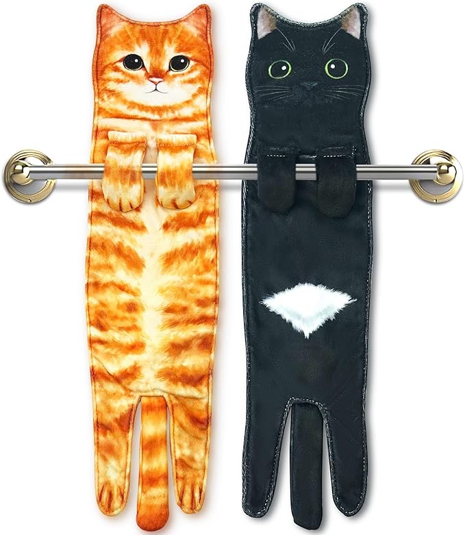 PAT JUUMG Funny Cat Hand Towels for Bathroom Kitchen Decor, Cute Decorative Hanging Face Towels, Super Absorbent Soft, Housewarming Gift, Cat Lovers Gifts for Women (2 Pack)