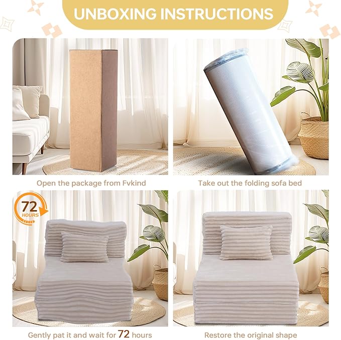 Folding Sofa Bed Single, Convertible Futon Chair Bed with Pillow, Folding Sofa Sleeper Chair, Fold Out Couch, Comfortable Foam Floor Couch for Living Room, Bedroom, Dorm, Guest Room, Beige