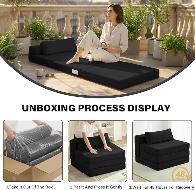 Tiita Folding Sofa Bed Chair, 4-Fold Convertible Sleeper Chair with Lumbar Pillow, Washable Cover & Side Pocket, Floor Couch Bed with Raised Seat, Single Size for Small Spaces, Black