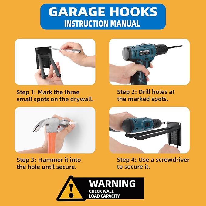 2 Pack Garage Hooks Heavy Duty 10 INCH Double-Layer Steel Shed Wall Mount Workshop Garage Storage Organizer Hooks for Hanging Garden Tool, Hose, Ladder, Chairs, Bikes with Anti-Slip Coating