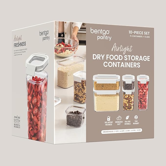 Bentgo Pantry - 10-Piece Airtight Food Storage Containers, Clear, Stackable Kitchen & Pantry Organization, Locking Lids for Freshness, BPA-Free Plastic - Ideal for Sugar, Flour, & More (Snow)