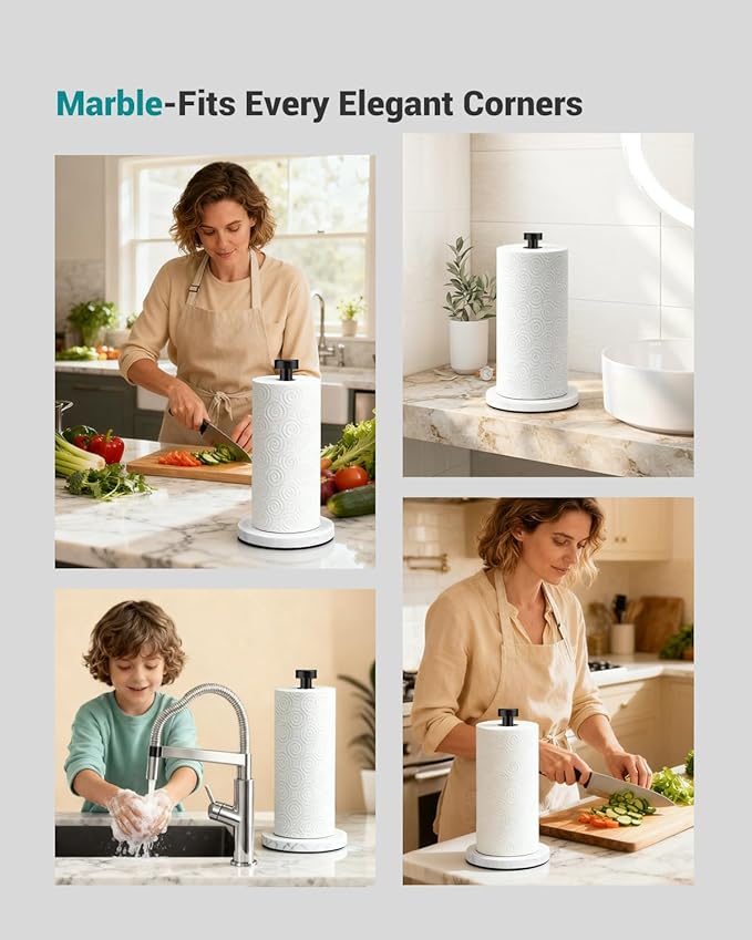 Marble Paper Towel Holder Countertop, Stainless Steel, One-Handed Tear, Freestanding Paper Towel Stand Rack with Ratchet Mechanism for Kitchen Toilet Bathroom Essentials Decor Accessories, Black