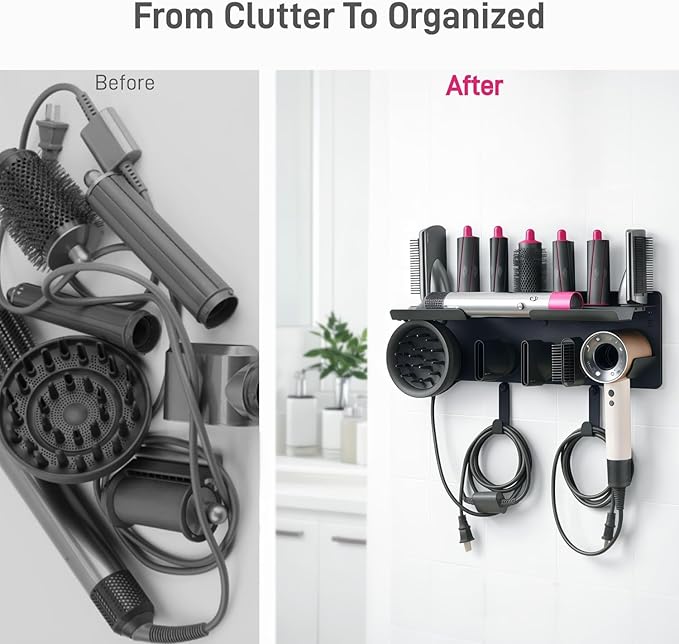 Dyson Airwrap Holder, Dyson Hair Dryer Wall Mount & Dyson Airwrap Organizer 2-in-1 Stainless Steel Storage for Airwrap & Hair Dryer Accessories, Space Saving Bathroom Vanity Dyson Shelf