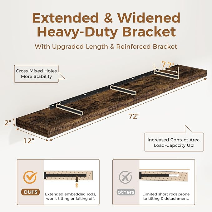Fun Memories 72 Inch Floating Shelf, 12 Inch Deep Wall Shelf for Fireplace Mantel, Deep Storage Shelves for Home & Office, Wall Shelves with Invisible Bracket, Rustic Brown, Set of 1